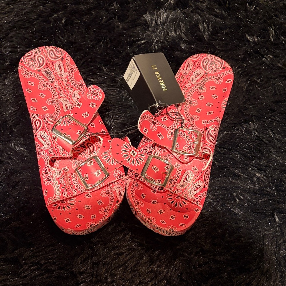Forever 21 Red Paisley Double-Buckle Slide Sandals